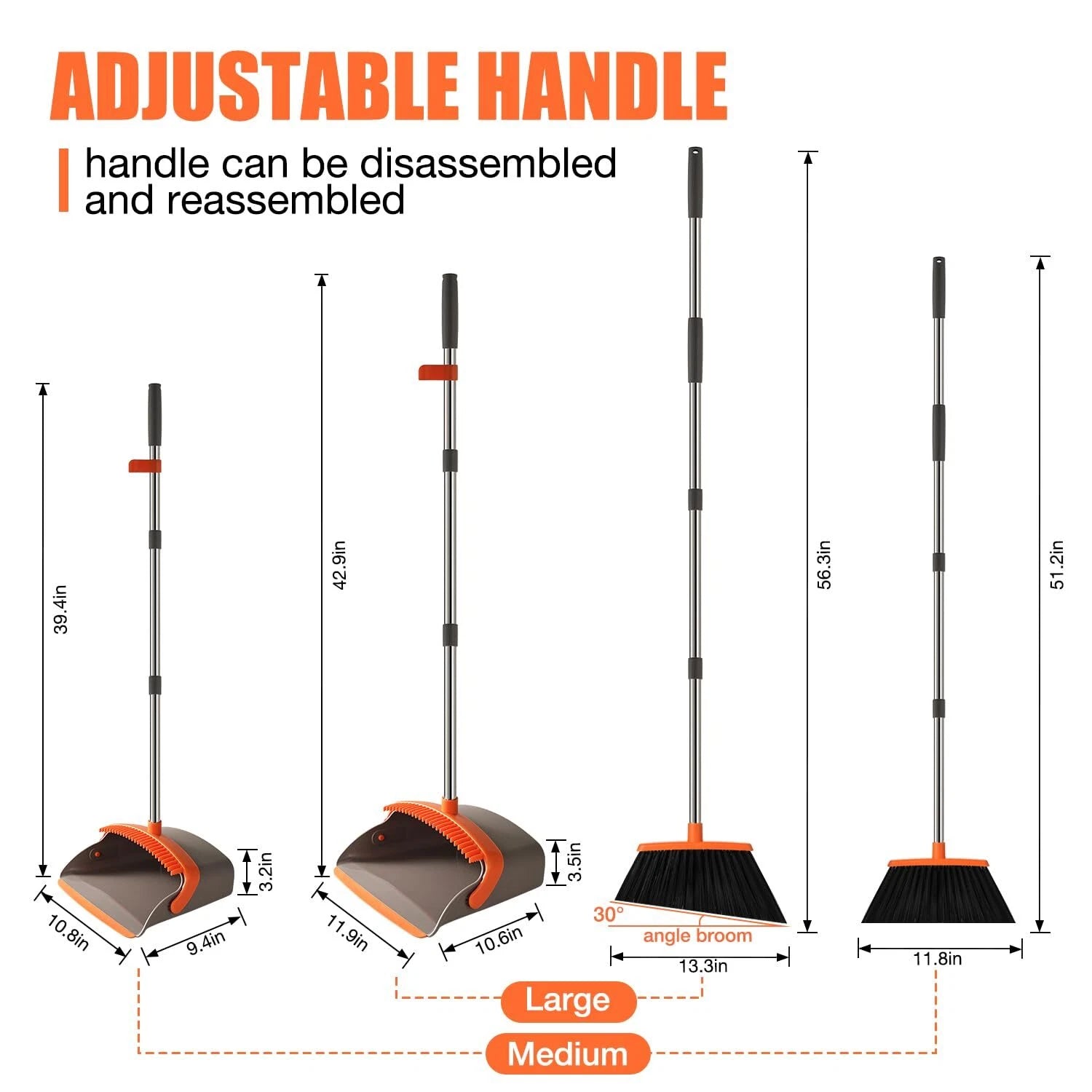 Broom and Dustpan Set 52" Adjustable Handle Stand Up Dustpan Teeth Heavy Duty