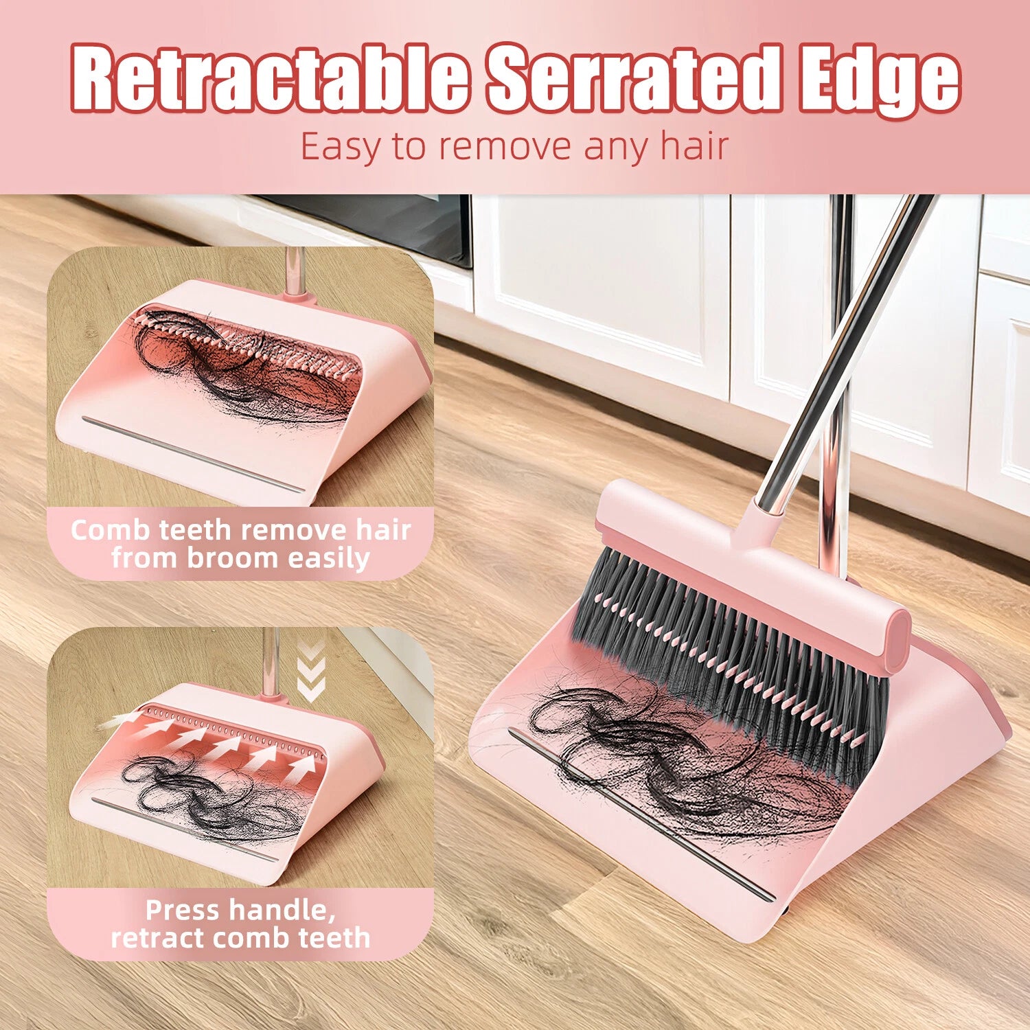 Broom and Dustpan Set with Dustpan Teeth Self Cleaning