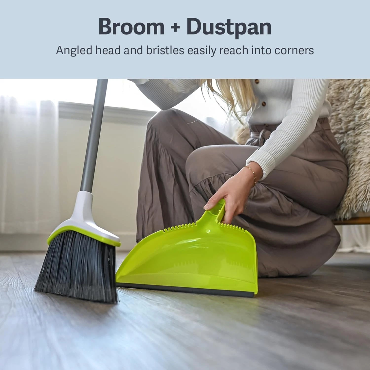 Basics 2-Piece Angled Broom and Dustpan Set, 44" Angled Broom with Long Handle a