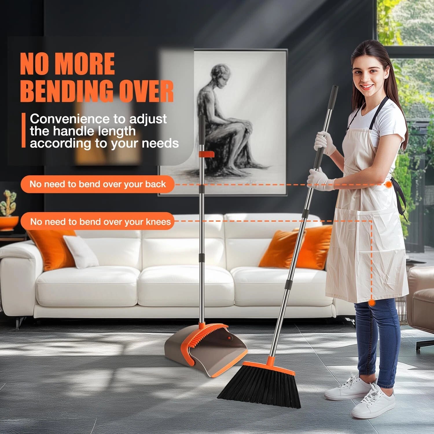 Broom and Dustpan Set 52" Adjustable Handle Stand Up Dustpan Teeth Heavy Duty