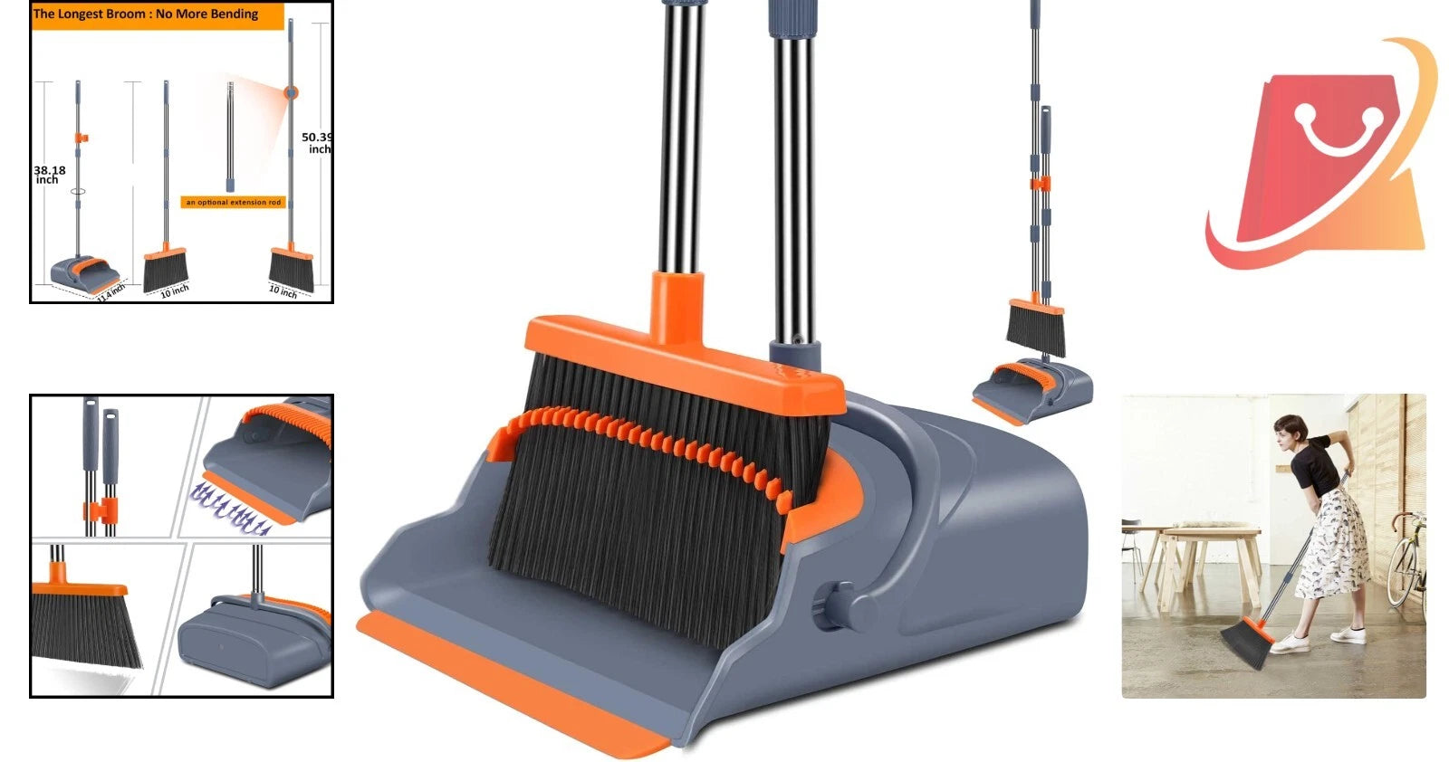 Broom and Dustpan Set Stainless Steel 51" Heavy Duty Self-Cleaning Indoor Out...