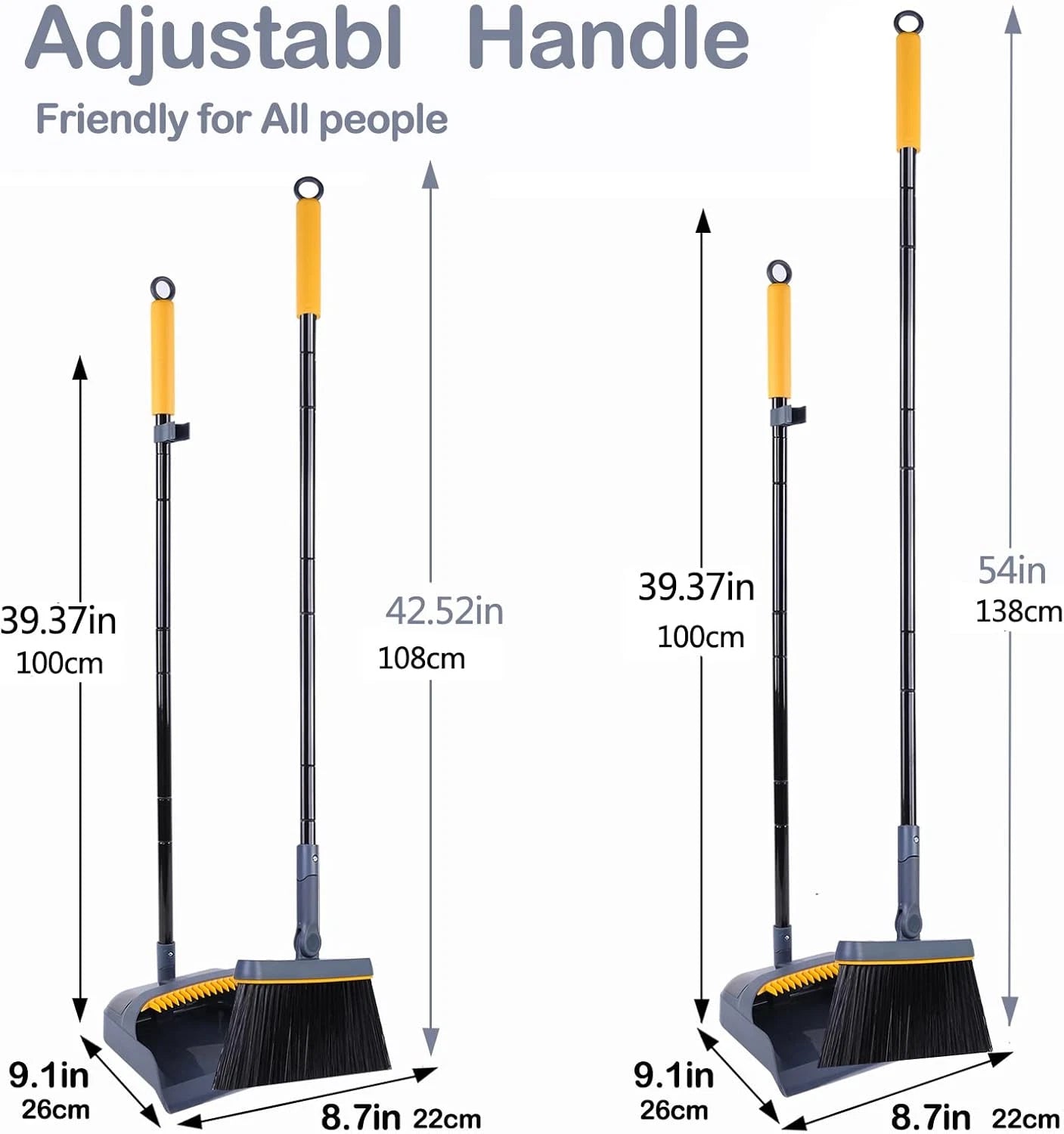 Broom and Dustpan Set for Home, 54 Inches Long Handle Lightweight 180 Degree Rot