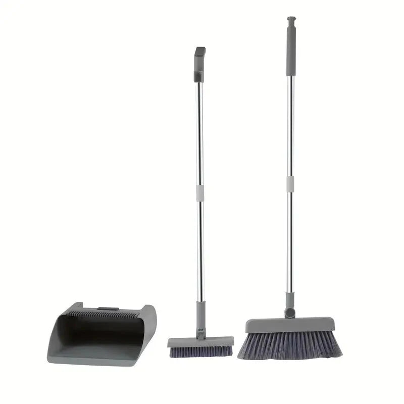 3-in-1 Broom & Dustpan Set with Long Handle - Home Cleaning Tools Sturdy Comb