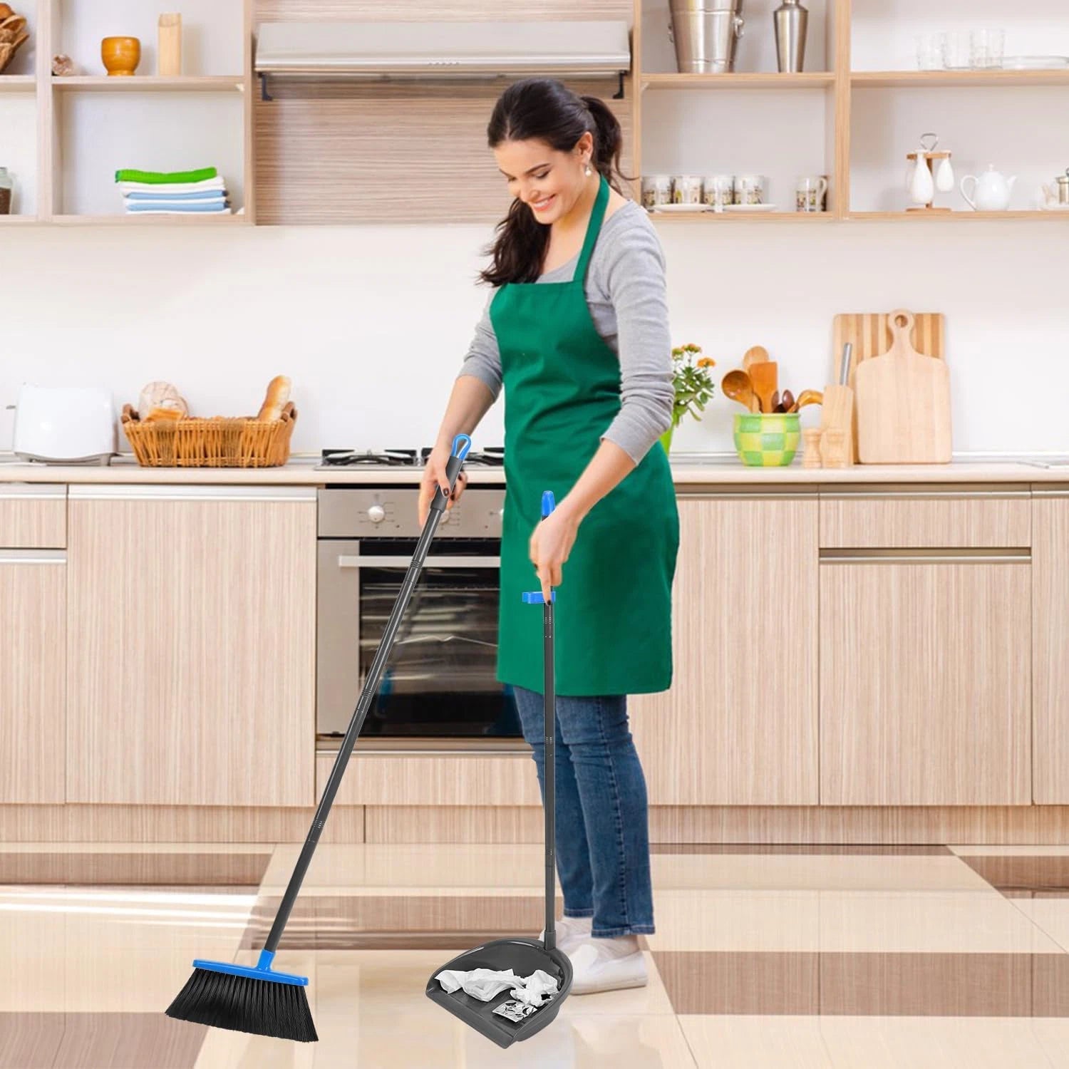 Broom and Dustpan Set ,Long Handle Broom with Upright Standing Dust Pan for Indo
