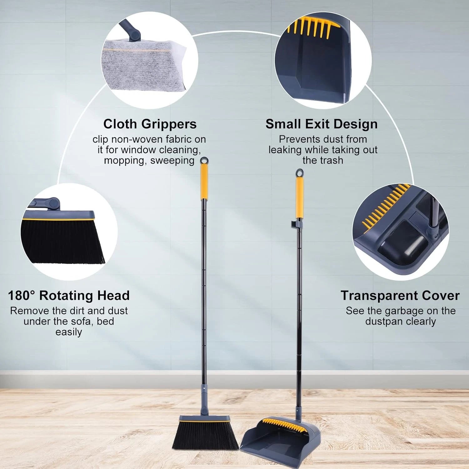 Broom and Dustpan Set for Home, 54 Inches Long Handle Lightweight 180 Degree ...