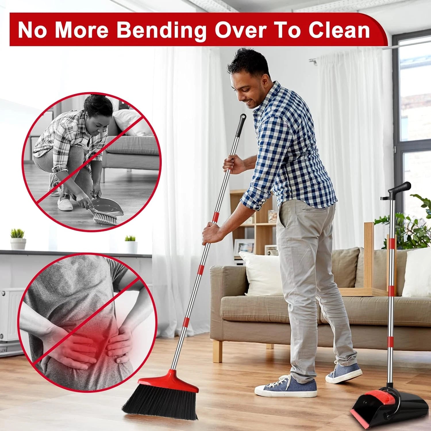 Broom and Dustpan Set for Home, Upright 55" Long Handle Broom with Dustpan Combo