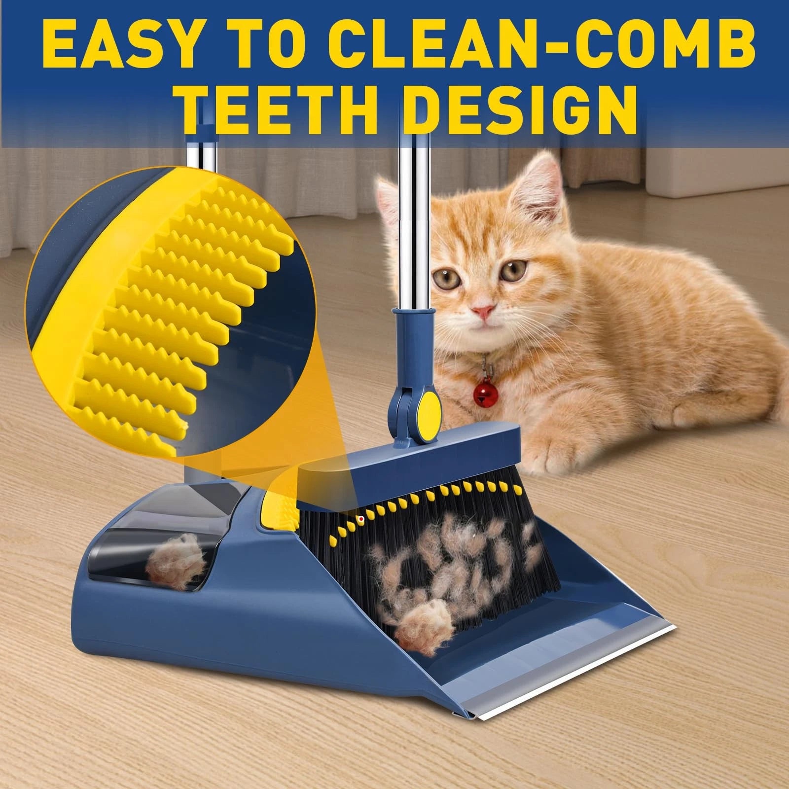 Broom Dustpan Combo Set 55in Adjustable Handle with Teeth Pet Hair Home Kitchen