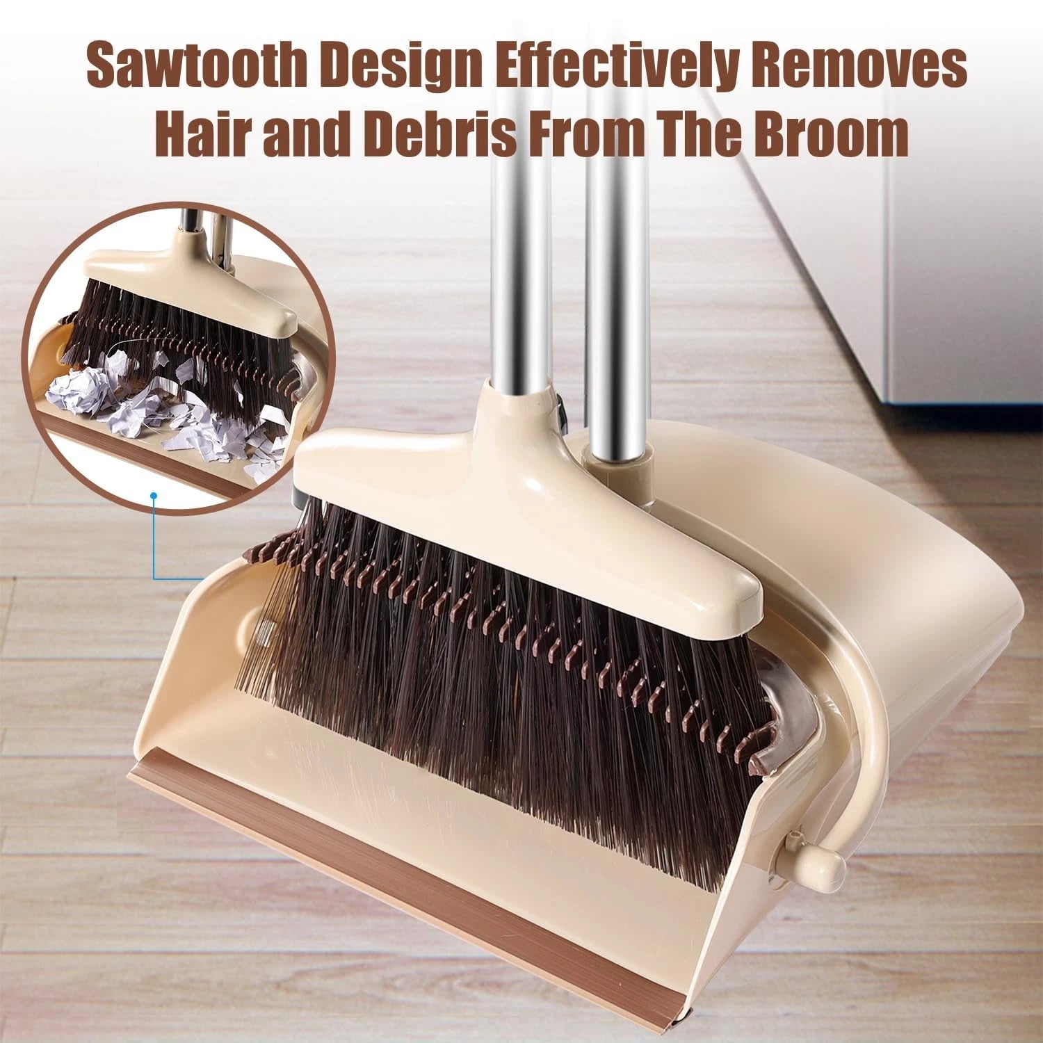 Broom and Dustpan Set with Long Handle Windproof Stand Up Combo Beige