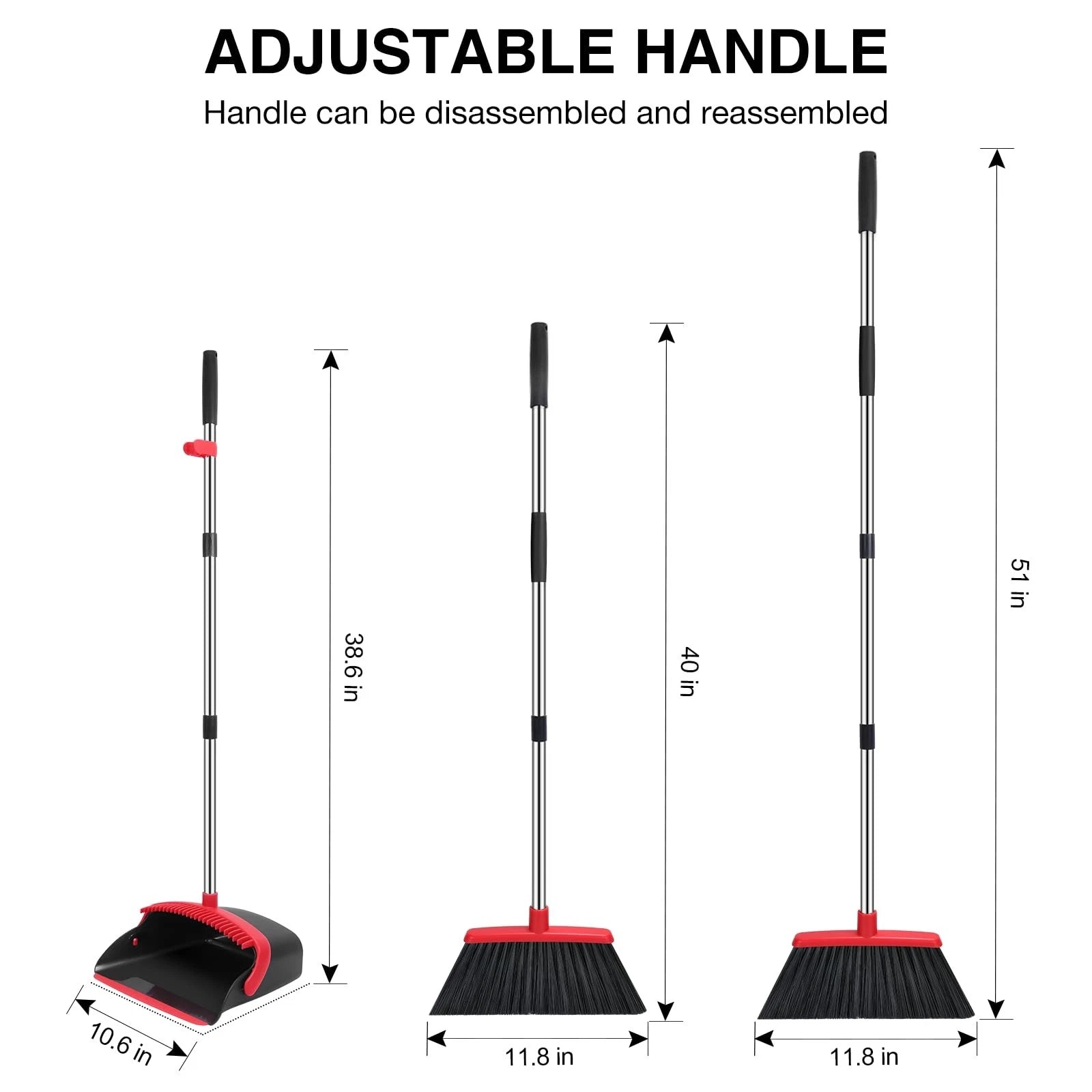 Broom and Dustpan Set 52-in Long Adjustable Handle Combo with Teeth