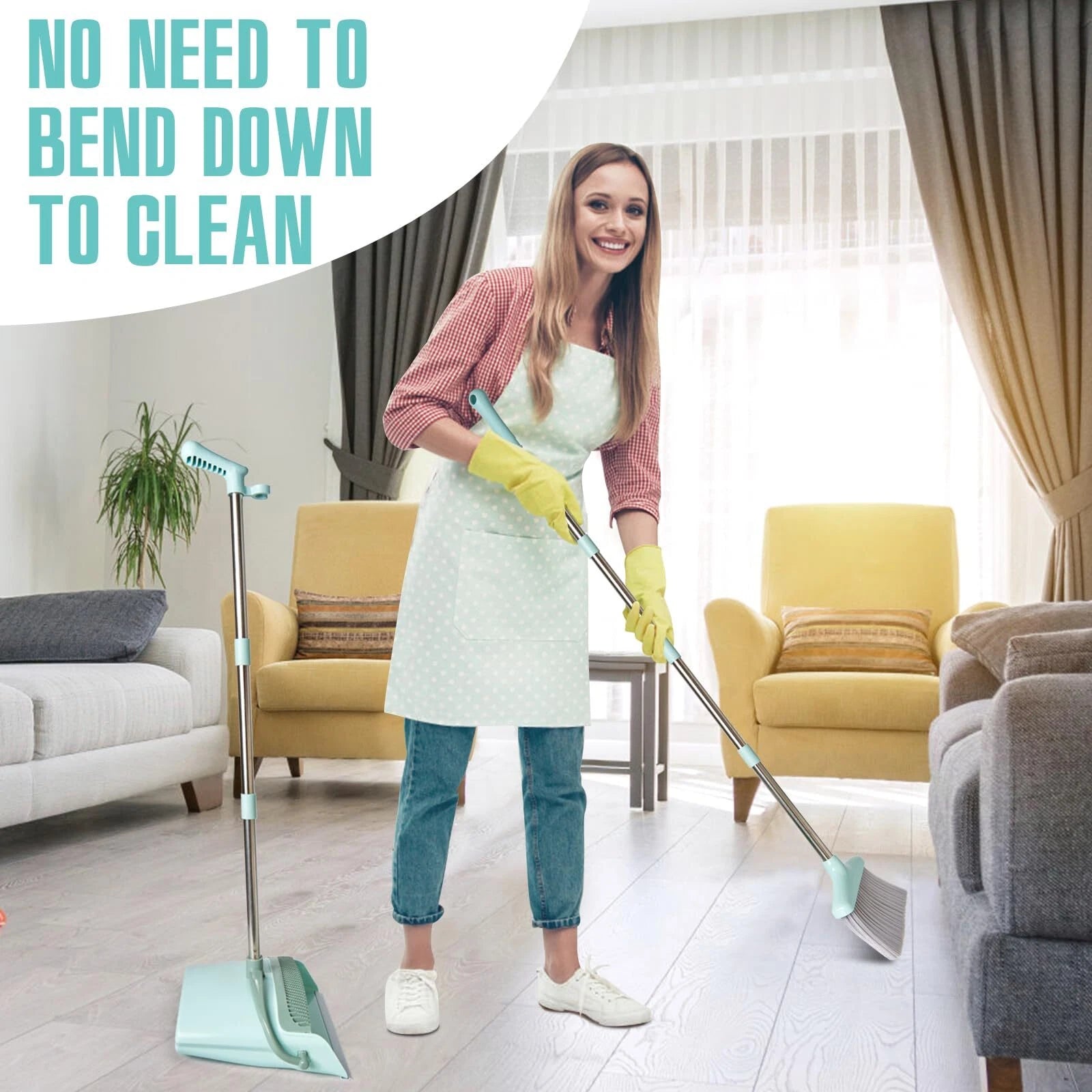 Long Handle Broom and Dustpan Set 55-Inch for Indoor Cleaning Bluish Green