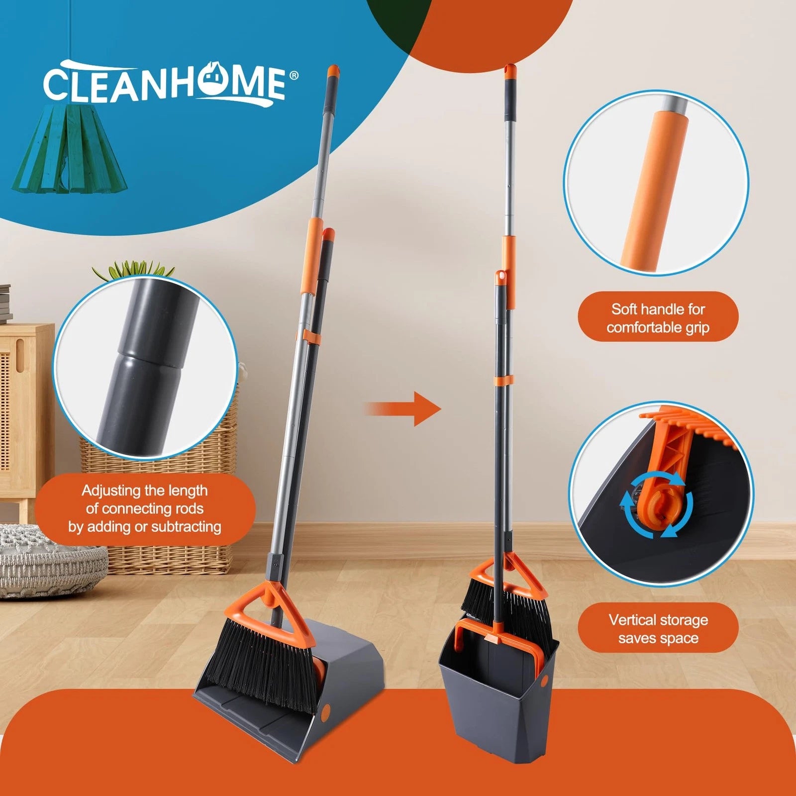 Commercial Broom and Dustpan Set with Long Handle Outdoor Heavy Duty