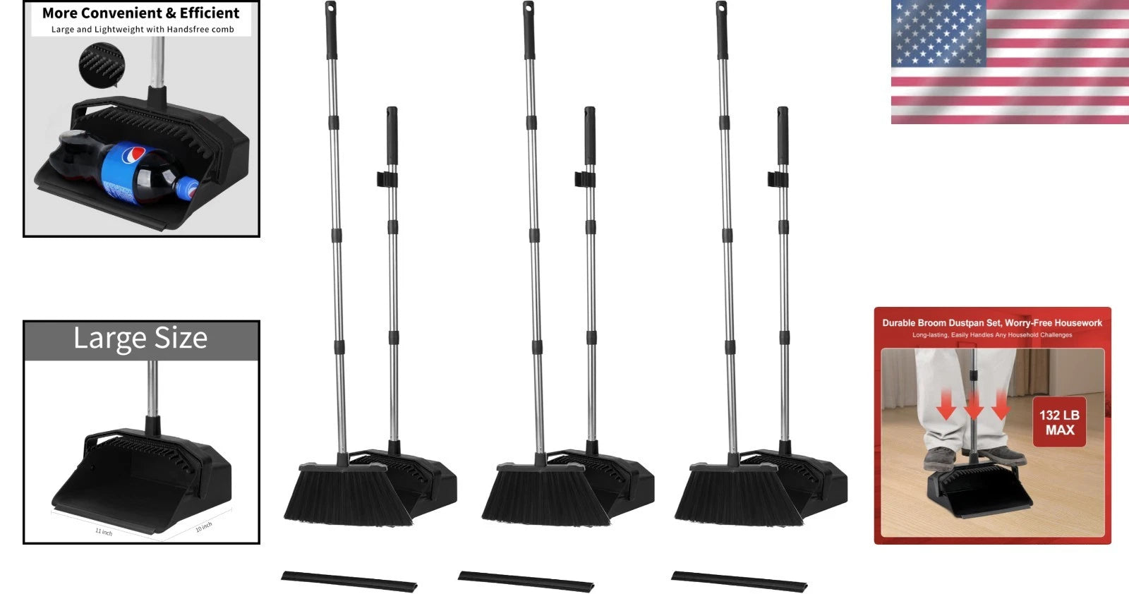 Heavy Duty 3-Pack Broom with Long Handles and Smart Dustpan - Time-Saving Design