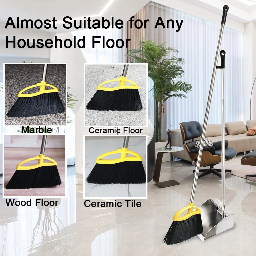 Broom and Dustpan Set for HomeSoft Bristles Indoor Kitchen Broom with Stainle...