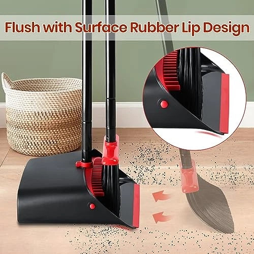 Broom and Dustpan Set for Home,Upright Broom and Dustpan Combo Sweep Red/Black