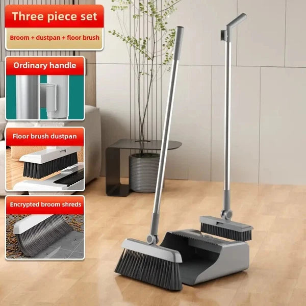 3-in-1 Broom & Dustpan Set with Long Handle - Home Cleaning Tools Sturdy Comb