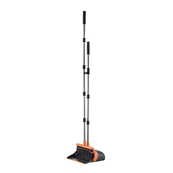 Self-Cleaning Dustpan & Broom Set - Metal Upright Stand, Heavy Duty,Black+Orange