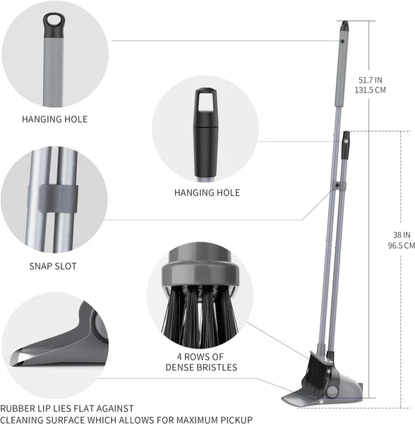 Broom and Dustpan Set with Adjustable Long Handle, Upright Combo for Floor, Clea