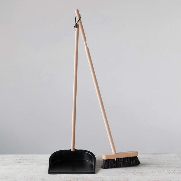 Beech Wood Broom & Standing Metal Dust Pan, Natural & Black