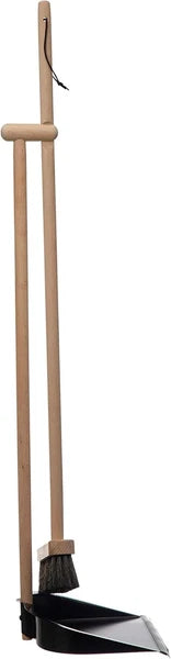 Beech Wood Broom & Standing Metal Dust Pan, Natural & Black
