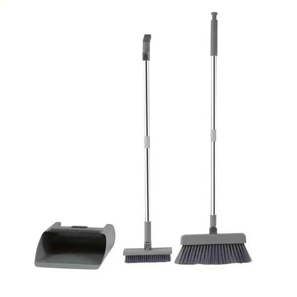 3-in-1 Broom & Dustpan Set with Long Handle - Home Cleaning Tools Sturdy Comb