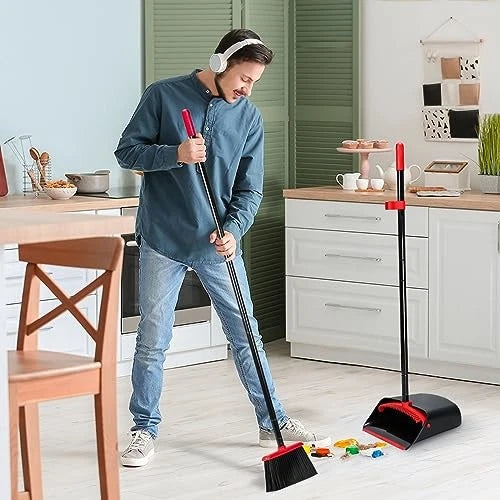 Broom and Dustpan Set for Home,Upright Broom and Dustpan Combo Sweep Red/Black