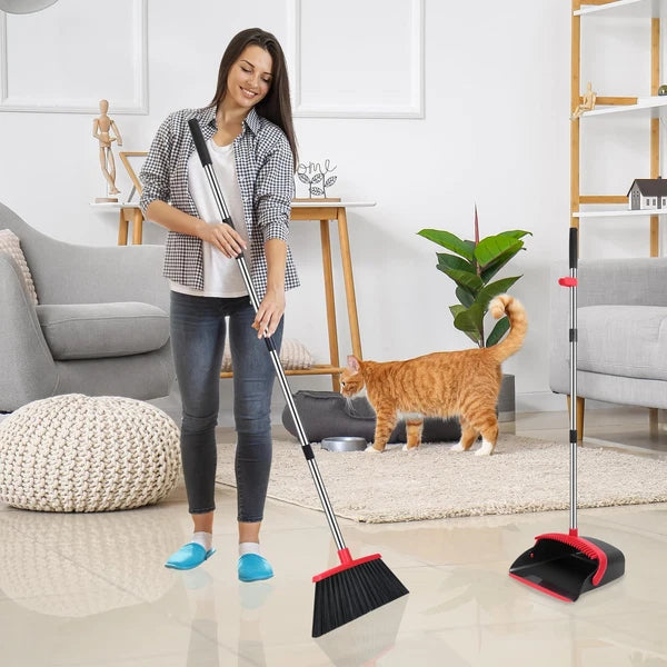 Broom and Dustpan Set 52-in Long Adjustable Handle Combo with Teeth