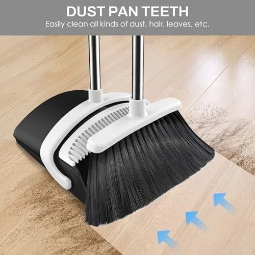 Broom and Dustpan Set for Home, 51-in Long Adjustable Handle Medium Black White
