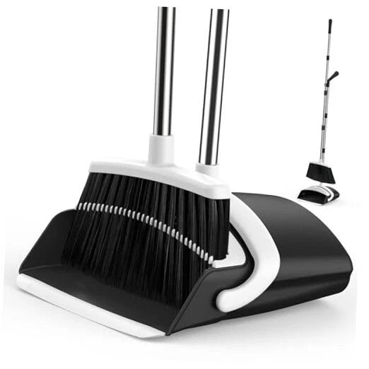 Broom and Dustpan Set for Home, 51-in Long Adjustable Handle Medium Black White