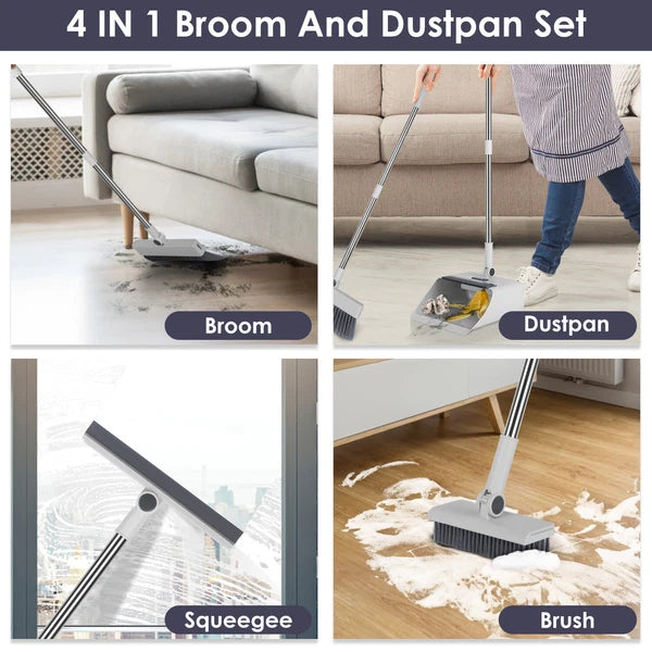 Broom & Dustpan Set W/ Squeegee for Home Upgrade 4 In 1 Upright Stand Up DustPan