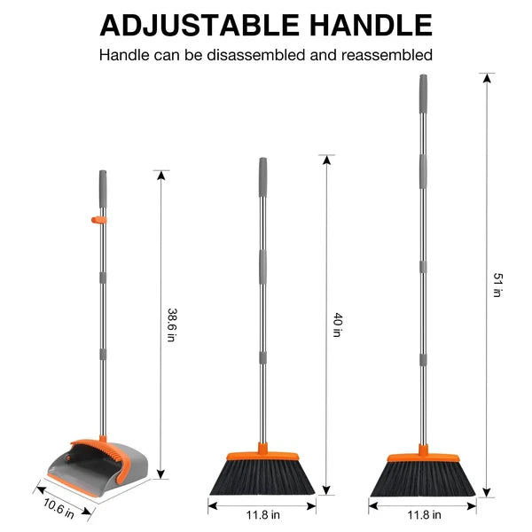 Broom and Dustpan Set 52-in Long Adjustable Handle Broom Dustpan Combo with D...