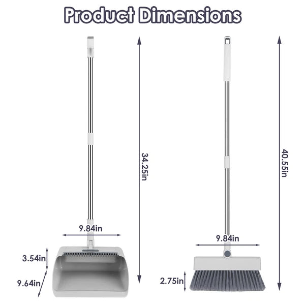 Heavy Duty Broom And Dustpan Combo Set W/ Squeegee Stylish Grey Handle Perfect