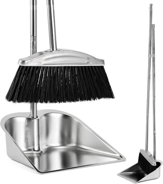 Broom with Dustpan Combo Set 46"Stainless Steel and for Home Heavy Duty Long