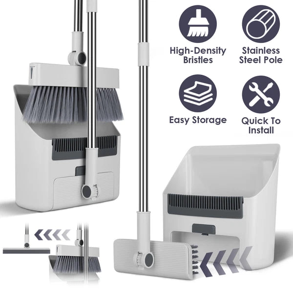 Broom And Dustpan Combo Set W/ Squeegee 4 In 1 Upright Standing Broom & Dust Pan