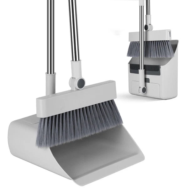 Heavy Duty Broom And Dustpan Combo Set W/ Squeegee Stylish Grey Handle Perfect