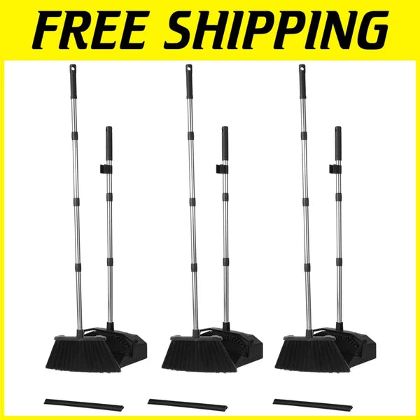 Heavy Duty 3-Pack Broom with Long Handles and Smart Dustpan - Time-Saving Design