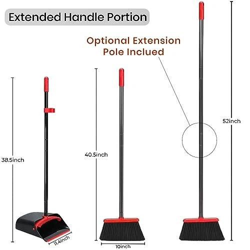 Broom and Dustpan Set for Home,Upright Broom and Dustpan Combo Sweep Red/Black