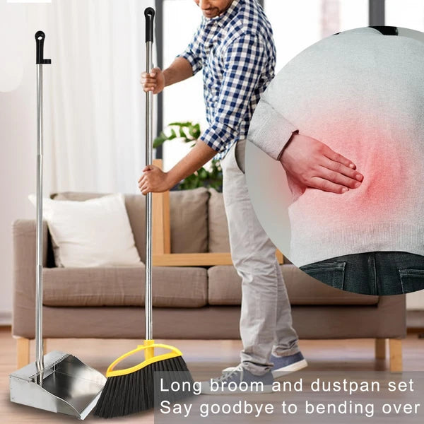 Broom and Dustpan Set for HomeSoft Bristles Indoor Kitchen Broom with Stainle...