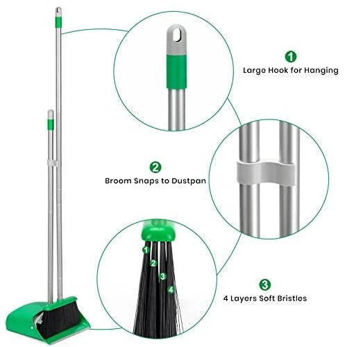 Broom and Dustpan Set with 52" Long Handle for Home Kitchen  Assorted Colors