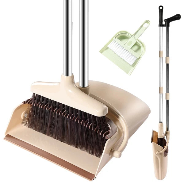 Broom and Dustpan Set with Long Handle Windproof Stand Up Combo Beige