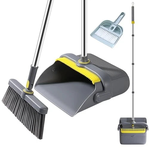 Broom and Dustpan Set with 54" Long Handle, Windproof Stand Up Dustpan with