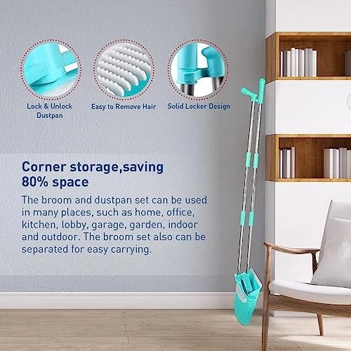 Broom and Dustpan Set 48" Long Handle Broom and Collapsible Dust Light Blue