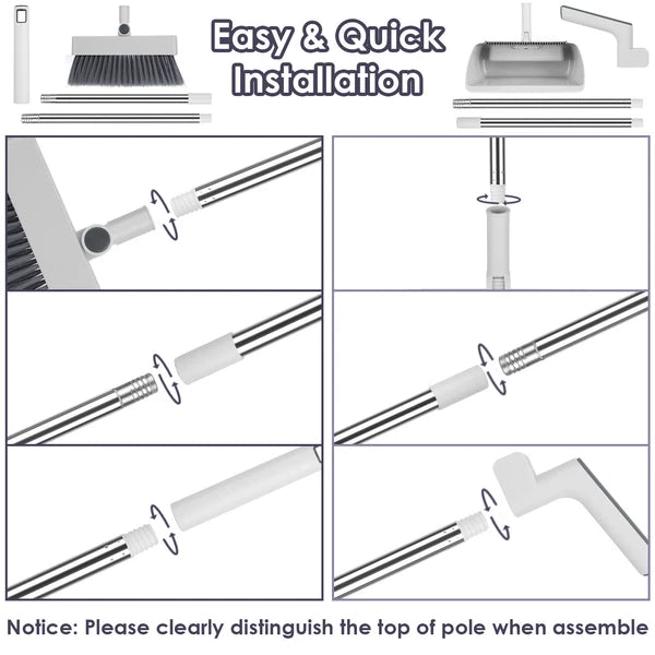 Heavy Duty Broom And Dustpan Combo Set W/ Squeegee Stylish Grey Handle Perfect