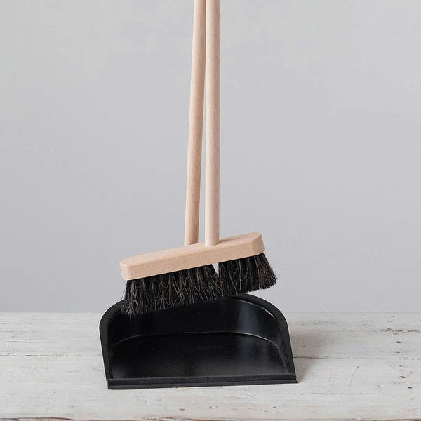 Beech Wood Broom & Standing Metal Dust Pan, Natural & Black