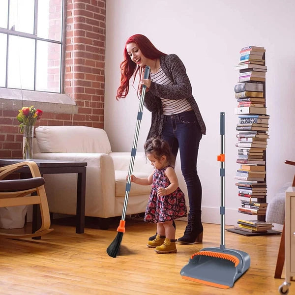 Broom and Dustpan Set Stainless Steel 51" Heavy Duty Self-Cleaning Indoor Out...