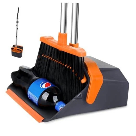 Broom and Dustpan Set with 5'' Long Handle, Upright Broom and 1 Orange and Grey