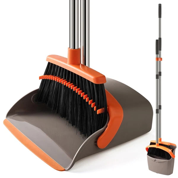 Broom and Dustpan Set 52" Adjustable Handle Stand Up Dustpan Teeth Heavy Duty