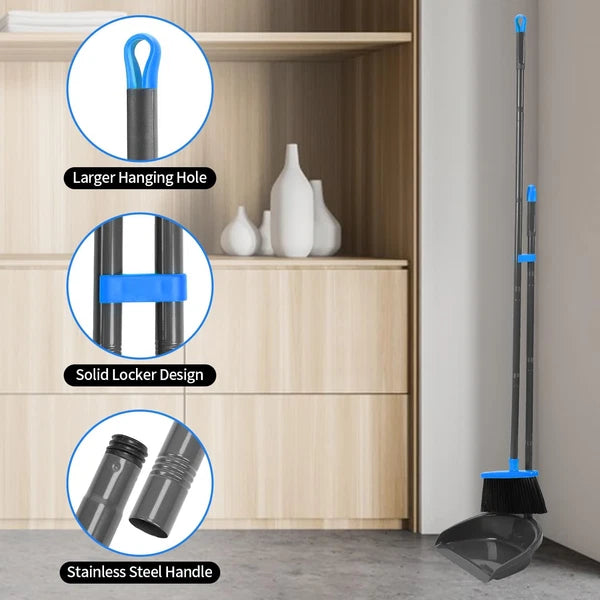 Broom and Dustpan Set ,Long Handle Broom with Upright Standing Dust Pan for Indo