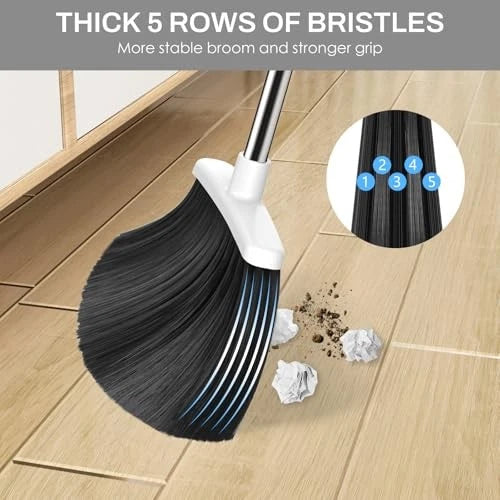Broom and Dustpan Set for Home, 51-in Long Adjustable Handle Medium Black White