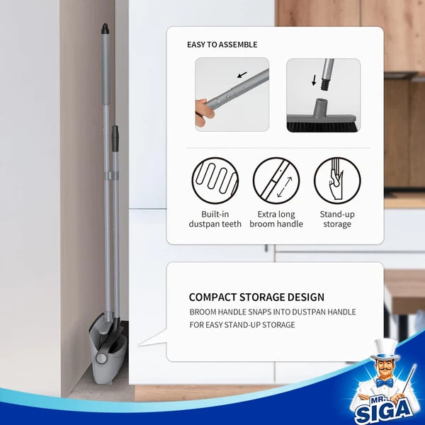 Broom and Dustpan Set with Adjustable Long Handle, Upright Combo for Floor, Clea