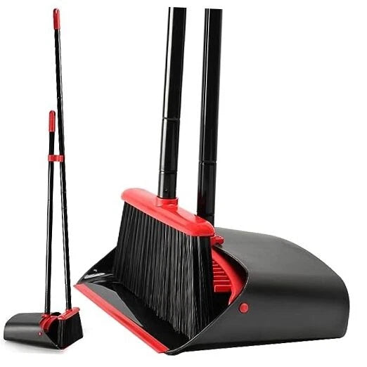 Broom and Dustpan Set for Home,Upright Broom and Dustpan Combo Sweep Red/Black